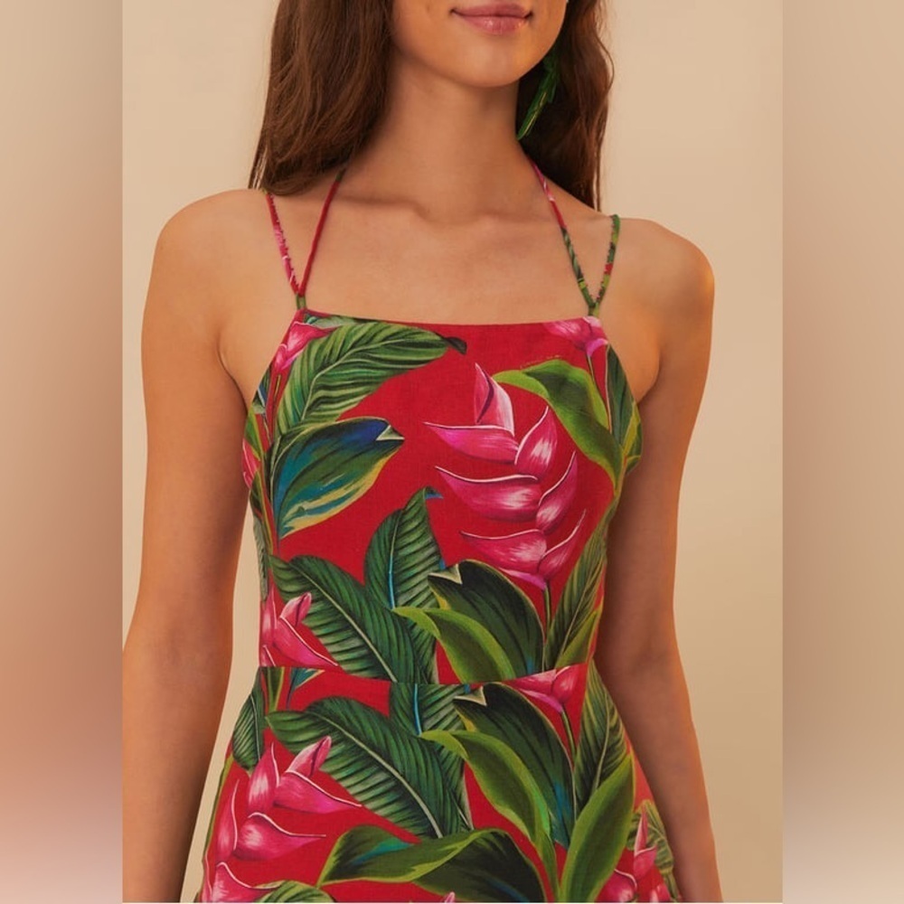 FARM RIO Square Neck Midi Dress in Linen Blend - Red B1353 - Picture 6 of 7
